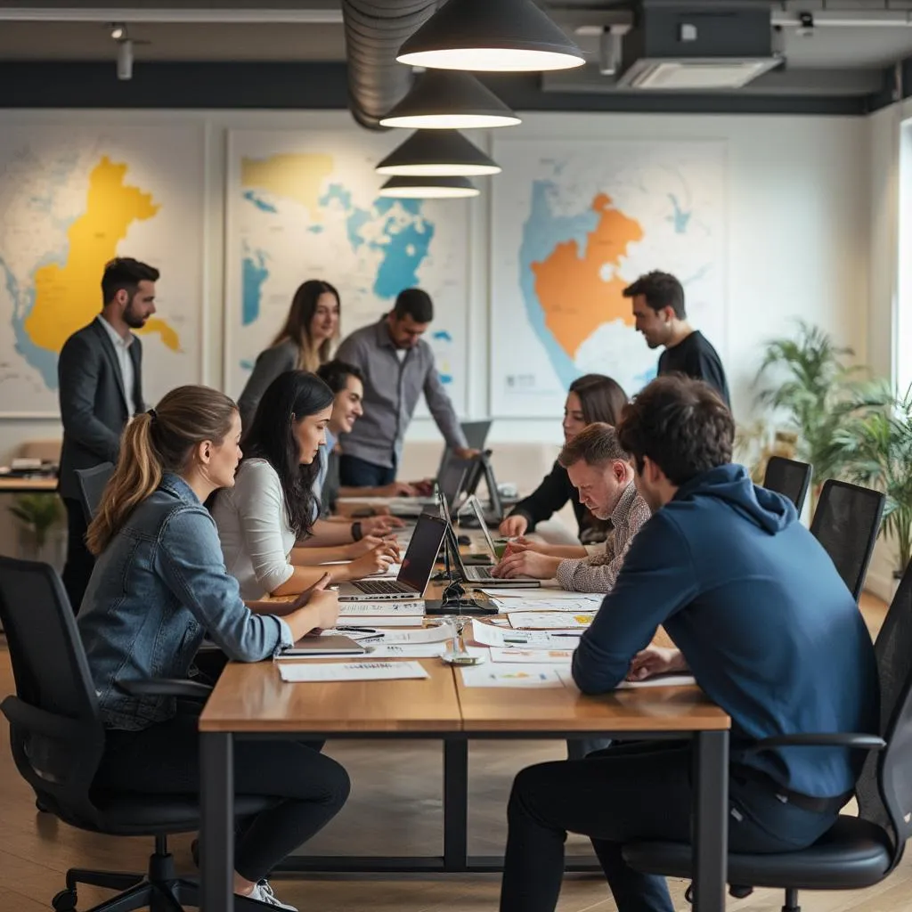 Equipo diverso trabajando en una oficina moderna relacionada con estaciones de servicio
