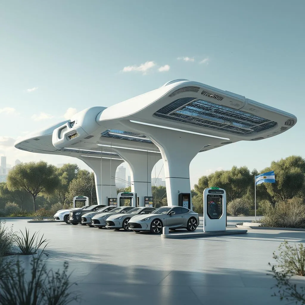 Visión futurista de una estación de servicio en Argentina con carga EV